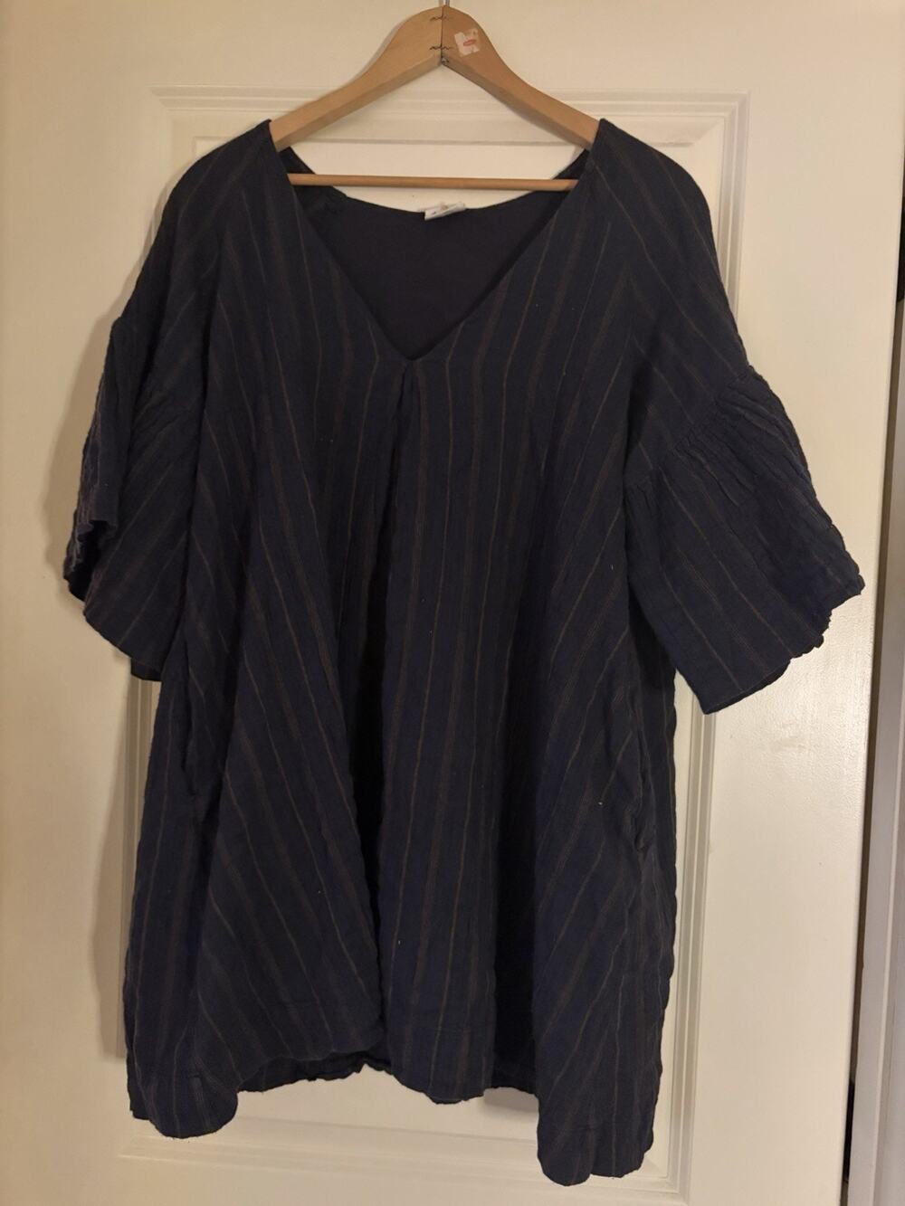 By Together Women’s Medium Boho Blouse Navy Striped Flowy V-Neck Peasant Top